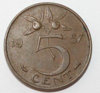 5 центов 1957г. Нидерланды, бронза, состояние ХF - Мир монет