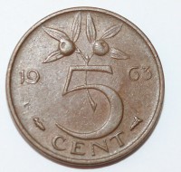 5 центов 1963г. Нидерланды, бронза, состояние ХF - Мир монет