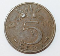 5 центов 1965г. Нидерланды, бронза, состояние VF - Мир монет