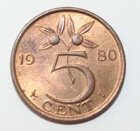 5 центов 1980г. Нидерланды, бронза, состояние ХF-UNC - Мир монет