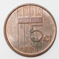 5 центов 1997г. Нидерланды, бронза, состояние VF - Мир монет