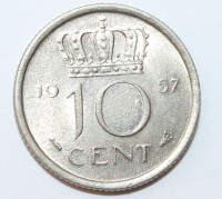 10 центов  1957г. Нидерланды, никель, состояние VF-XF. - Мир монет