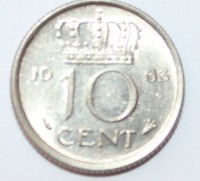 10 центов  1963г. Нидерланды,состояние VF-XF. - Мир монет