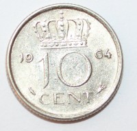 10 центов  1964г. Нидерланды,состояние VF-XF. - Мир монет