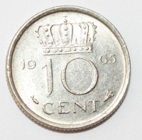 10 центов  1965г. Нидерланды,состояние VF-XF. - Мир монет