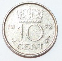 10 центов  1972г. Нидерланды,состояние VF-XF. - Мир монет