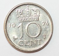 10 центов  1974г. Нидерланды,состояние VF-XF. - Мир монет