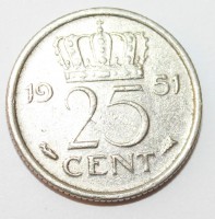 25 центов 1951г. Нидерланды,состояние XF. - Мир монет