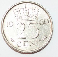 25 центов 1960г. Нидерланды, состояние XF - Мир монет