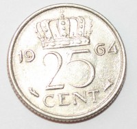 25 центов 1964г. Нидерланды,состояние XF - Мир монет