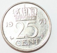 25 центов 1971г. Нидерланды,состояние XF. - Мир монет