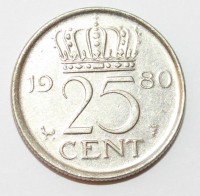 25 центов 1980г. Нидерланды, состояние XF - Мир монет