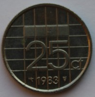 25 центов 1983г. Нидерланды, никель, состояние VF - Мир монет