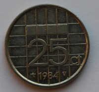 25 центов 1984г. Нидерланды, никель, состояние VF - Мир монет