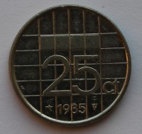 25 центов 1985г. Нидерланды, никель, состояние VF - Мир монет