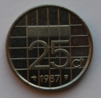 25 центов 1987г. Нидерланды, никель, состояние VF - Мир монет