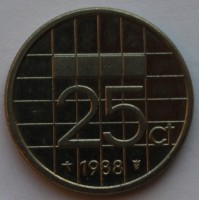 25 центов 1988г.  Нидерланды, никель, состояние VF - Мир монет