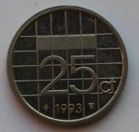 25 центов 1993г. Нидерланды, никель, состояние VF - Мир монет