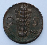 5 чентезимо 1921г. Италия, бронза,состояние XF, патина. - Мир монет