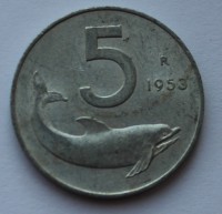 5 лир 1953г. Италия. Дельфин, алюминий, состояние VF - Мир монет