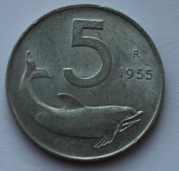 5 лир 1955г. Италия. Дельфин, алюминий, состояние VF - Мир монет