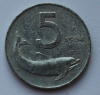 5 лир 1954г. Италия. Дельфин, алюминий, состояние VF - Мир монет