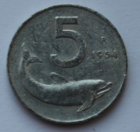 5 лир 1954г. Италия. Дельфин, алюминий, состояние VF - Мир монет