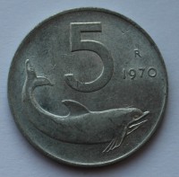 5 лир 1970г. Италия. Дельфин, алюминий, состояние VF-XF - Мир монет