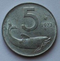 5 лир 1973г. Италия. Дельфин, алюминий, состояние VF - Мир монет