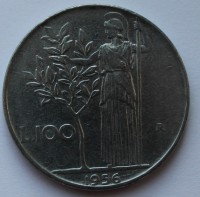 100 лир 1956г. Италия. Афина,Свобода, никель, состояние XF - Мир монет