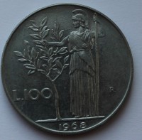 100 лир 1968г. Италия. Афина,Свобода, никель, состояние XF - Мир монет
