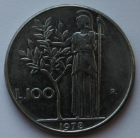 100 лир 1978г. Италия. Афина,Свобода, никель, состояние XF - Мир монет