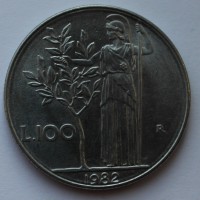 100 лир 1982г. Италия. Афина,Свобода, никель, состояние XF - Мир монет