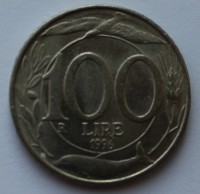 100 лир 1996г. Италия. Флора. Фауна ,Свобода, никель, состояние XF - Мир монет