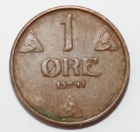 1 эре 1941г. Норвегия, бронза,состояние XF - Мир монет