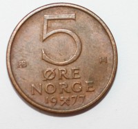 5 эре 1977г. Норвегия, Лев,  бронза,состояние VF - Мир монет