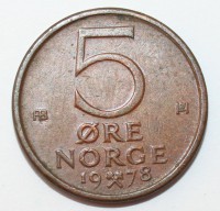 5 эре 1978г. Норвегия, Лев,  бронза,состояние ХF - Мир монет