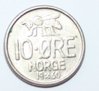 10 эре 1960г. Норвегия, Пчела, никель,состояние ХF - Мир монет