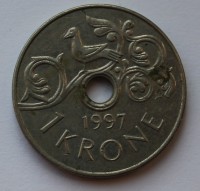 1 крона 1997г. Норвегия, никель,состояние VF - Мир монет