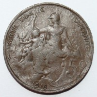 5 сантим 1916г. Франция,  Либертина,  бронза , состояние XF - Мир монет