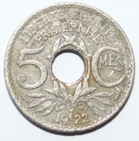 5 сантим 1922г. Франция, никель,состояние VF - Мир монет