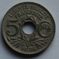 5 сантим 1936г. Франция, никель,состояние XF - Мир монет