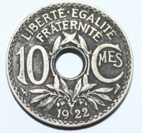 10 сантим 1922г. Франция, никель,состояние AU+ - Мир монет