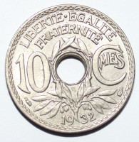 10 сантим 1932г. Франция, никель,состояние aUNC - Мир монет