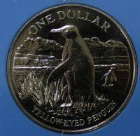 1 доллар 1988г.  Новая Зеландия. Желтоглазый пингвин, никель, монета в футляре , состояние UNC. - Мир монет