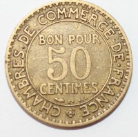 50 сантим 1921г. Франция, Бог Гермес,  бронза,состояние VF-XF - Мир монет