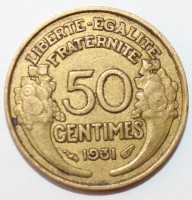 50 сантим 1931г. Франция,  Либертина, бронза,состояние VF+ - Мир монет