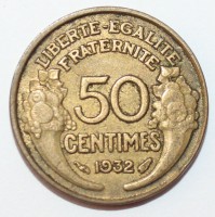 50 сантим 1932г. Франция,  Либертина, бронза,состояние VF - Мир монет