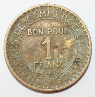 1 франк 1922г. Франция, бронза,  состояние VF. - Мир монет
