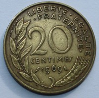 20 сантимов 1969г. Франция, состояние XF - Мир монет